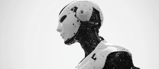 Poster - Intricate design of a black and white AI robot on a white backdrop 3D CG representation highlighting automation optimization and blockchain themes