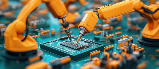 Poster - Fully Automated Modern PCB Assembly Line Featuring Advanced High Precision Robot Arms in an Electronics Manufacturing Facility Component Installation on Circuit Boards for Electronic Devices