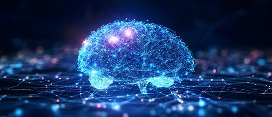 Poster - Futuristic digital depicting a glowing illuminated brain like structure made of light symbolizing the power and complexity of advanced intelligence and its neural network connectivity