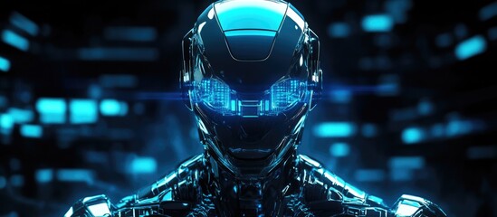 Poster - Cyborg depicted with moody blue and green 80s lighting in a front facing 3D illustration and render