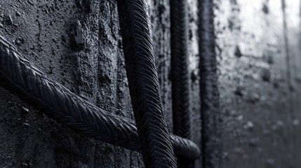 Poster - Abstract background featuring a close up of a thick rubber cable a metal pipe and a textured wall