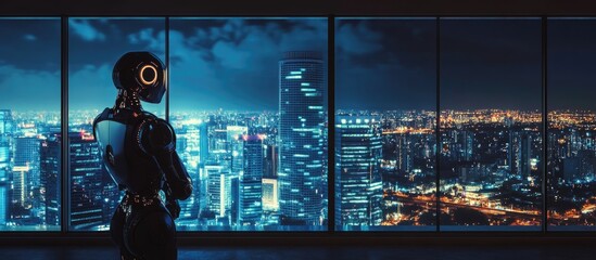Aufkleber - A humanoid robot gazes out the window of an empty office observing a vast cityscape illuminated at night embodying the concept of futuristic technology