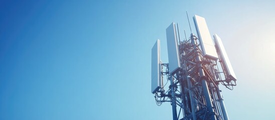 Poster - Mobile phone base station tower representing the evolution of communication systems in an urban setting against a clear blue sky