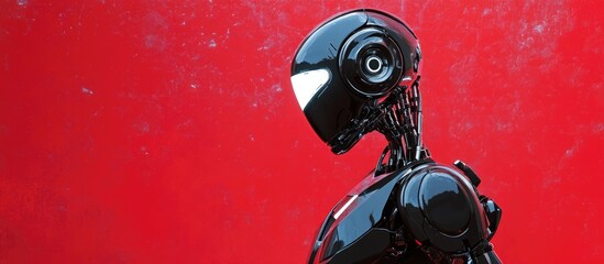 Poster - Robot with a luminous head sleek black body and metal limbs waving on a vibrant red textured backdrop