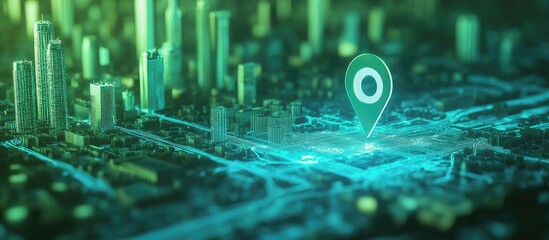 Poster - 5G smart city communication on a green background with a GPS map pin over a blue toned urban landscape and network connectivity theme