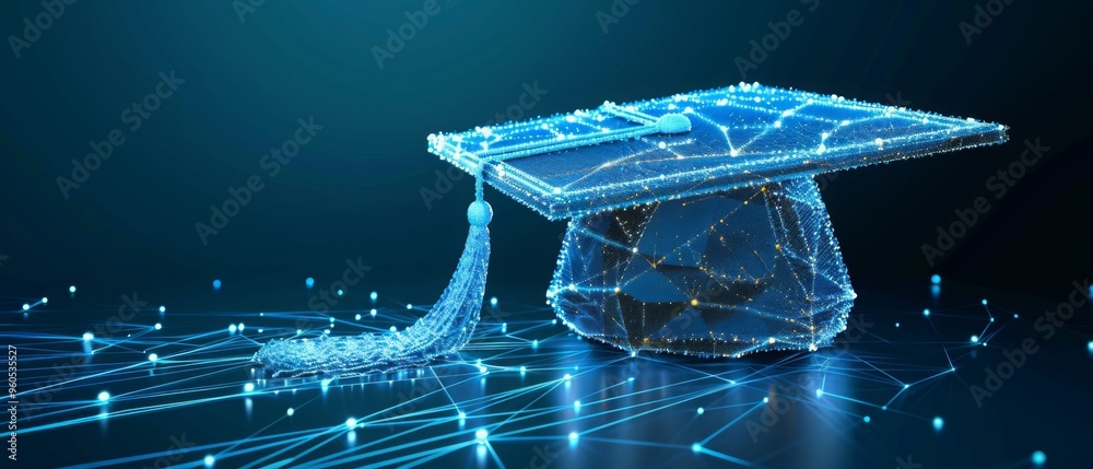 Digital graduation cap icon in low poly wireframe,education technology ...