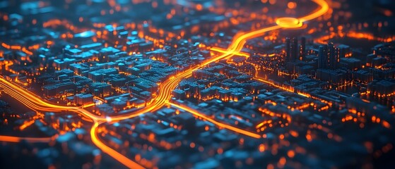 Poster - Glowing paths of an AI powered traffic management system overlaying a detailed digital city map showing optimized routes and real time data visualization for an efficient connected urban landscape