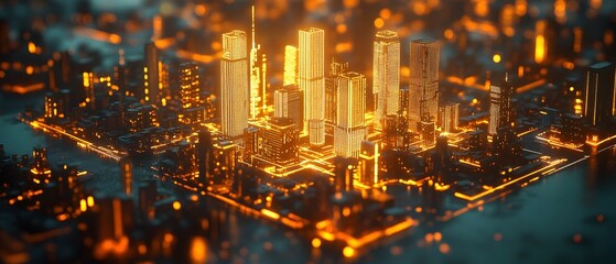 Poster - glowing ai powered digital twin of a futuristic illuminated urban skyline with skyscrapers and moder