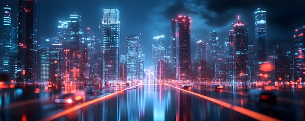 Poster - Futuristic smart city skyline with glowing digital pathways high rise buildings and autonomous vehicles symbolizing the innovative and sustainable future of urban living