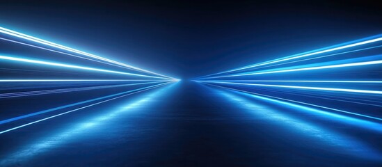 Poster - Blue neon stripes and light flashes Horizontal laser beams create stunning reflections against a dark backdrop showcasing glowing lines