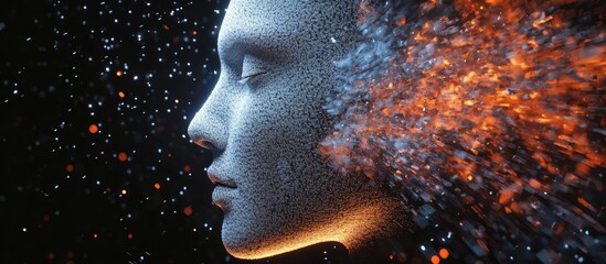 Aufkleber - Artificial intelligence with machine learning concept Digital representation of a human face in a dispersion and disintegration effect 3D illustration