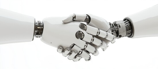 Poster - Human and robot handshake representing a partnership in artificial intelligence depicted in a 3D illustration on a white background
