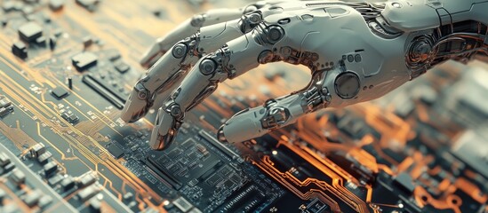 Poster - Highly detailed robotic hand interacts with a digital circuit board using its index finger Represents bionic technology in a virtual environment 3D rendered image on a white backdrop
