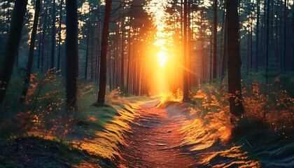 Wall Mural - The charming forest paths look gentle in the sunset, and the light shines through the trees on the ground, creating a tranquil atmosphere.