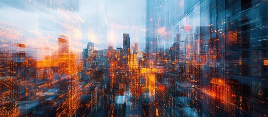 Poster - Multiple exposures of an abstract coding sketch layered over a cityscape representing concepts of artificial intelligence and neural networks