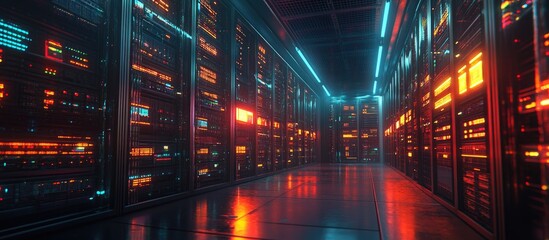 Poster - 3D Render Server Racks in a Dim Environment with VFX Detailed Visualization of Internet of Things Data Flow and Digitalization in Information Storage Systems