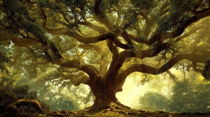 Wall Mural - Ancient Tree, Majestic Oak, Sunbeams, Woods, Mystical Forest