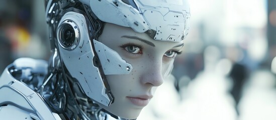 Poster - Futuristic 3D illustration of a white cyborg woman representing advanced artificial intelligence in a sci fi setting