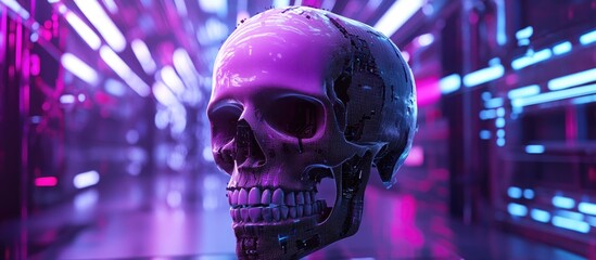 Poster - 3D rendering of a cybernetic skull in the foreground