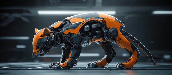 Poster - Futuristic 3D render of a robotic cat designed for Industry 4 0 showcasing advanced communication and automation within manufacturing and car dealership environments