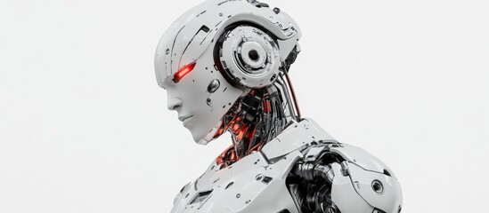 Poster - Profile image of a large robotic figure against a white background shown in a side view 3D rendered illustration