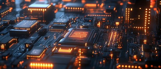 Poster - Futuristic cityscape powered by advanced technology with glowing circuit lines running through the buildings symbolizing the of digital infrastructure and urban development