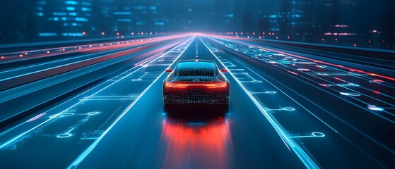 Poster - Futuristic self driving car traversing a glowing digitally rendered autonomous highway at night