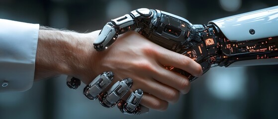 Poster - conceptual image depicting a futuristic handshake between a human hand and an ai powered robotic han
