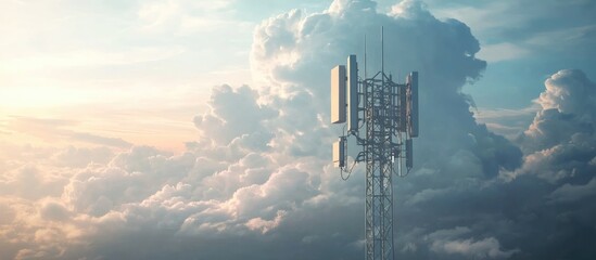 Poster - Close up view of a 5G cellular network tower against a cloudy sky highlighting advancements in telecommunications and future technology