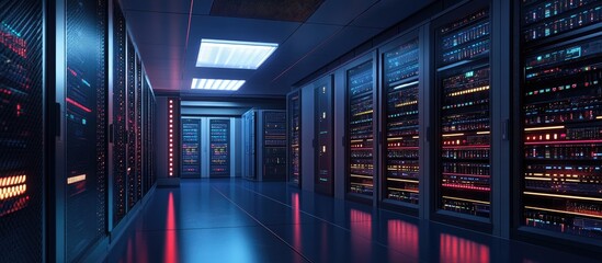 Poster - Contemporary data center featuring racks and cabinets advanced cyber security network in server room Professional mainframe and computer processors illuminated in a digital rendering space