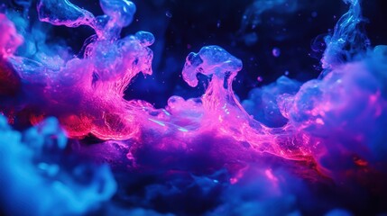 Poster - A brilliant display of a chemical reaction occurs under ultraviolet light, producing vivid colors and dynamic wave-like forms in a dark environment, showcasing the beauty of chemistry