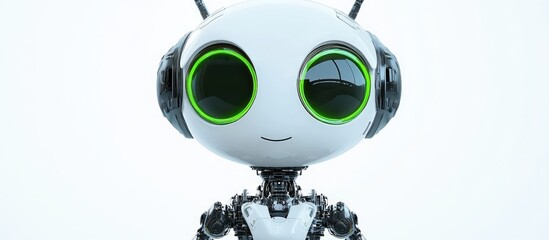 Poster - Adorable cartoon robot with green eyes set against a white background
