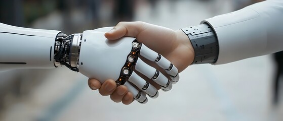 Poster - a human hand firmly shaking hands with an advanced ai powered robotic hand symbolizing the seamless 