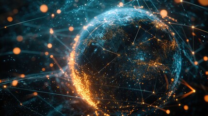 Poster - Abstract colors showcase a sci fi representation of Earth with particles and lines Technology network connections signify global digital interaction 3D virtual geometric sphere rendering