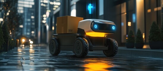 Poster - A 3D rendering of a robotic delivery vehicle carrying a package