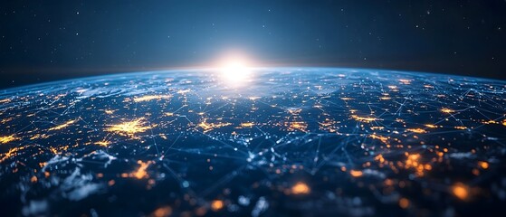 Poster - Glowing AI Powered Global Communication Network Visualized as a Web of Light Across a Digital Globe Symbolizing Boundless Technological Connectivity and the Future of Global Information Transmission