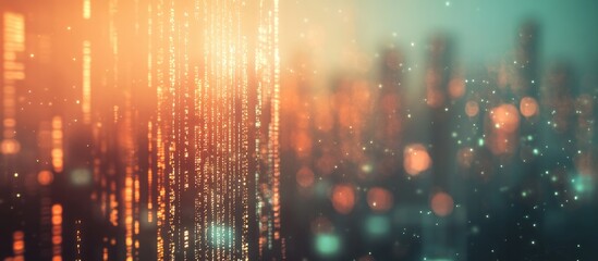 Poster - Holographic code on a blurred urban backdrop symbolizing artificial intelligence and neural network concepts through multiple exposures