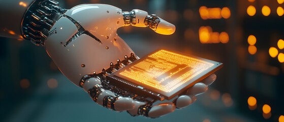 Poster - a glowing ai powered robotic hand delicately holding a futuristic microchip symbolizing the precisio