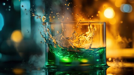 Poster - A chemical reagent is poured into a glass, causing a colorful and dynamic splash as it interacts with a glowing substance. The vibrant scene captivates the viewer