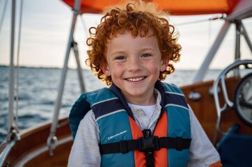 Cheerful child on sailboat, boy enjoying sea voyage. Child in life jacket