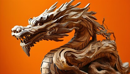 Majestic wooden dragon sculpture with intricate details set against a vibrant orange background, enhancing its beauty and symbolic presence.