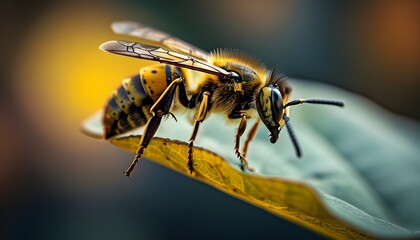 Intricate Macro Capture of a Wasp Resting on a Leaf with Blurred Background