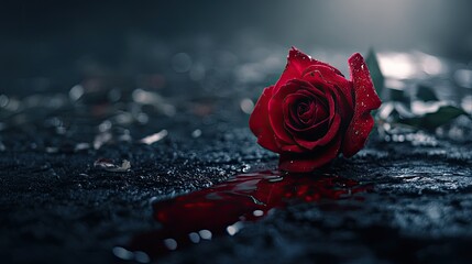 Canvas Print - Close-up of a rose dripping blood onto the ground, with light reflection and a black background, enhanced by white smog