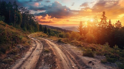 Wall Mural - Offroad Path in Mountain Forest During Colorful Sunset