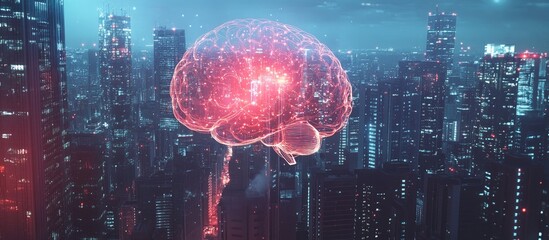 Poster - Double exposure of a brain hologram overlaying a cityscape illustrating the concept of brainstorming and innovative thinking