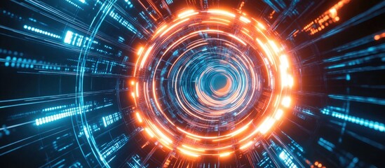 Poster - Cyan and orange light rays in a circular geometric space featuring neon radial lines as a vibrant background design