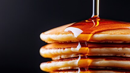 Sticker - Close-up of a stack of fluffy pancakes dripping with golden maple syrup, capturing the warm, melt-in-your-mouth texture and rich