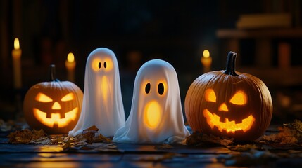 Sticker - Three eerie spirits enjoying halloween with glowing pumpkins and flickering candles on a creepy evening