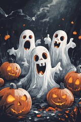 Wall Mural - Three funny white ghosts celebrating halloween in a spooky forest with pumpkins and bats