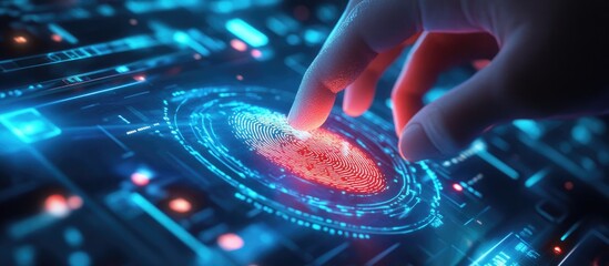 Poster - Digital fingerprint verification Individual interacting with a digital scanner to authorize data access through fingerprint identification